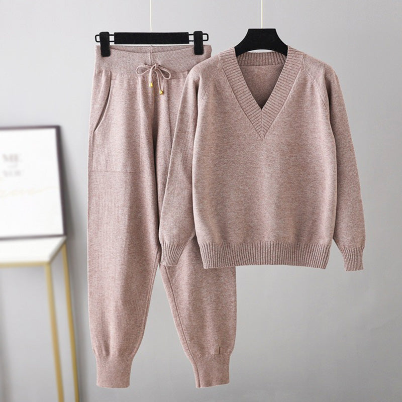 Women's Knitted Lounge Set - Soft Fabric - V-Neck Sweater & Drawstring Trousers
