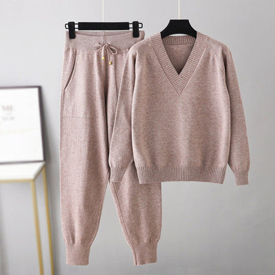 Women's Knitted Lounge Set - Soft Fabric - V-Neck Sweater & Drawstring Trousers