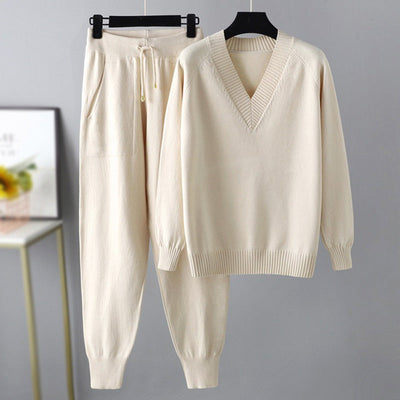 Women's Knitted Lounge Set - Soft Fabric - V-Neck Sweater & Drawstring Trousers