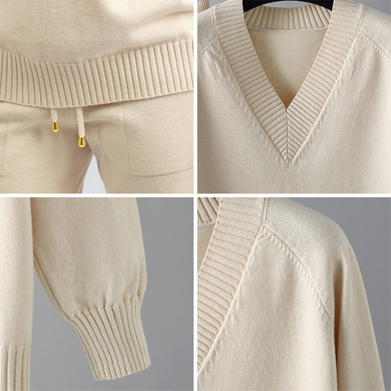 Women's Knitted Lounge Set - Soft Fabric - V-Neck Sweater & Drawstring Trousers