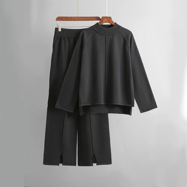 Women's Knit Lounge Set - Relaxed Fit Sweater & Wide-Leg Trousers - Soft & Comfortable