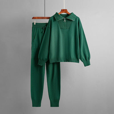 Women's Knit Lounge Set - Oversized Zip Collar Top & Drawstring Trousers - Soft & Cozy