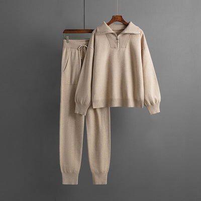 Women's Knit Lounge Set - Oversized Zip Collar Top & Drawstring Trousers - Soft & Cozy