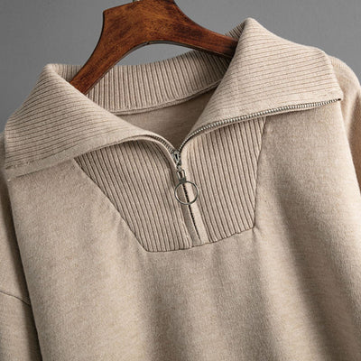 Women's Knit Lounge Set - Oversized Zip Collar Top & Drawstring Trousers - Soft & Cozy