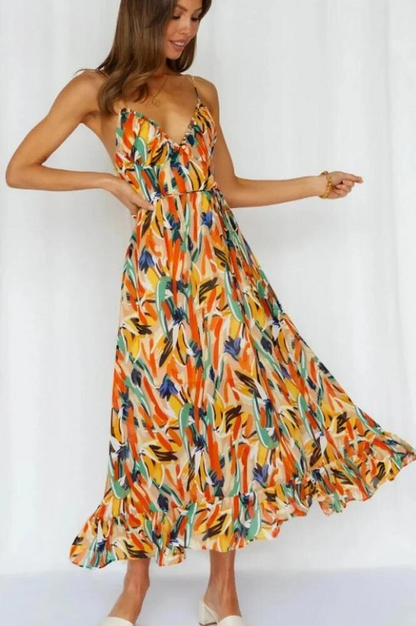 Women's Midi Sundress - Flowy A-Line Fit - Sweetheart Neck - Spaghetti Straps - Ruffled Hem