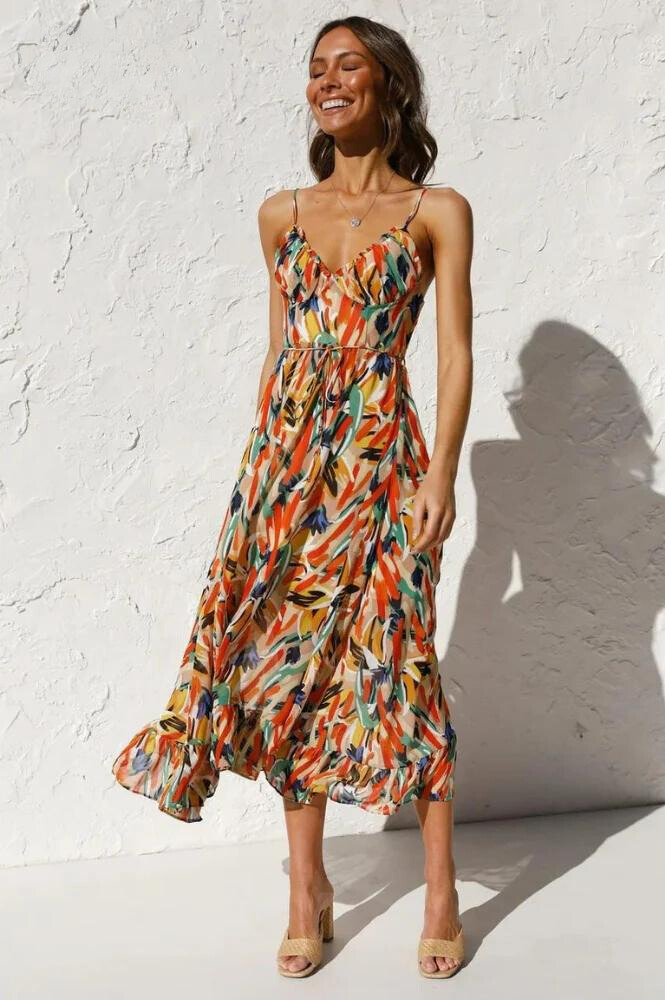 Women's Midi Sundress - Flowy A-Line Fit - Sweetheart Neck - Spaghetti Straps - Ruffled Hem