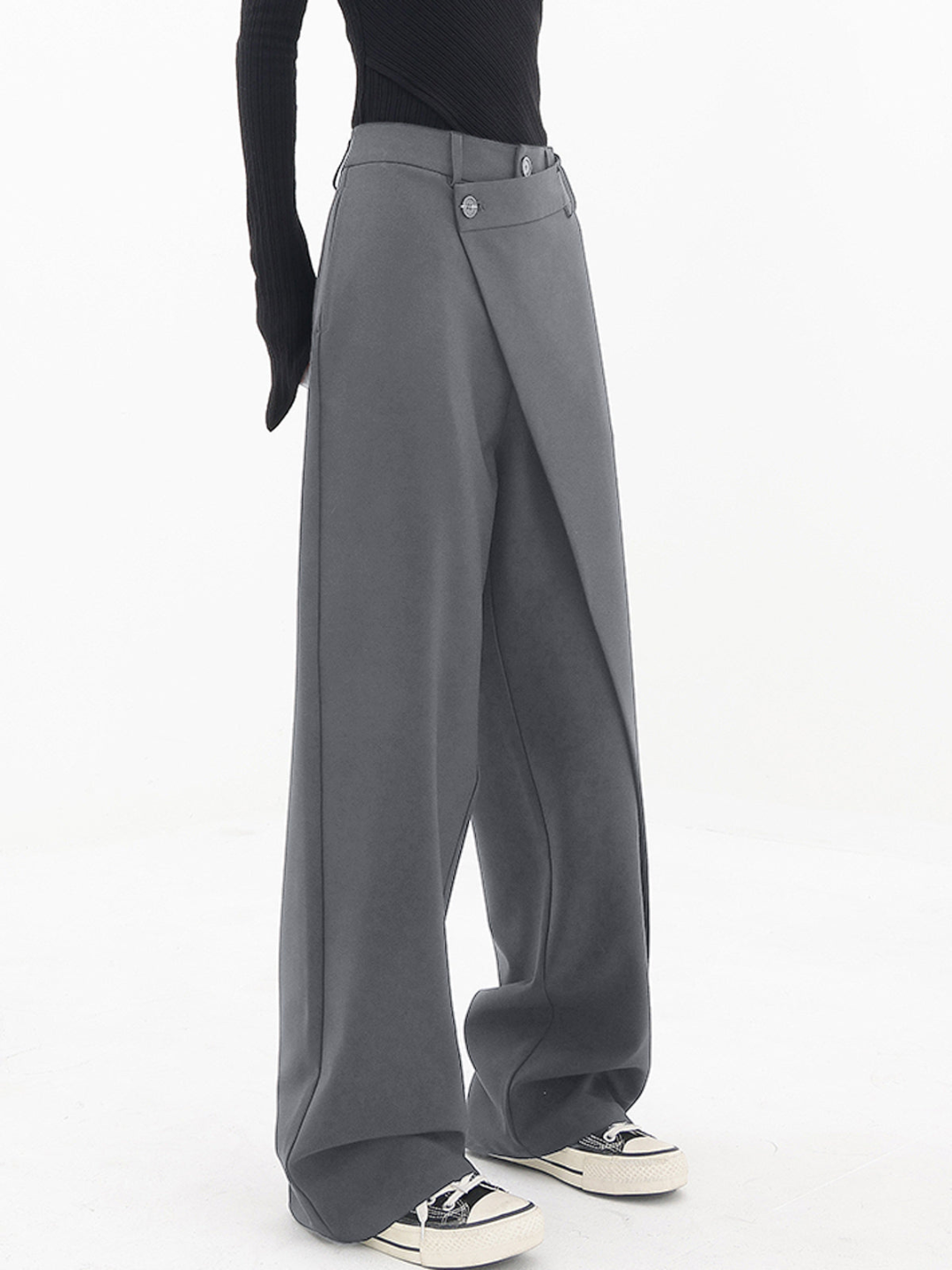 Women’s Wide-Leg Trousers - High Waist - Asymmetric Draped Overlay - Button Detail