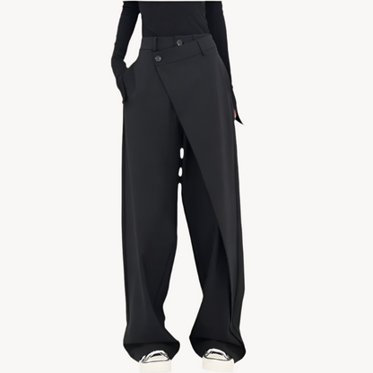 Women’s Wide-Leg Trousers - High Waist - Asymmetric Draped Overlay - Button Detail