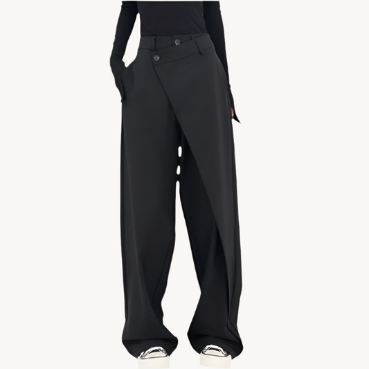 Women’s Wide-Leg Trousers - High Waist - Asymmetric Wrapover - Button Detail - Side Pockets