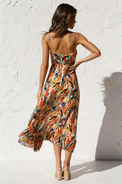 Women's Midi Sundress - Flowy A-Line Fit - Sweetheart Neck - Spaghetti Straps - Ruffled Hem