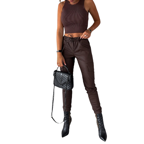 Women's stylish PU leather cargo pants