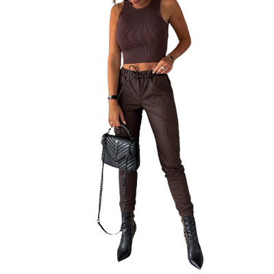 Women's High-Waisted Trousers - Faux Leather - Tapered Leg - Zippered Ankle Detail