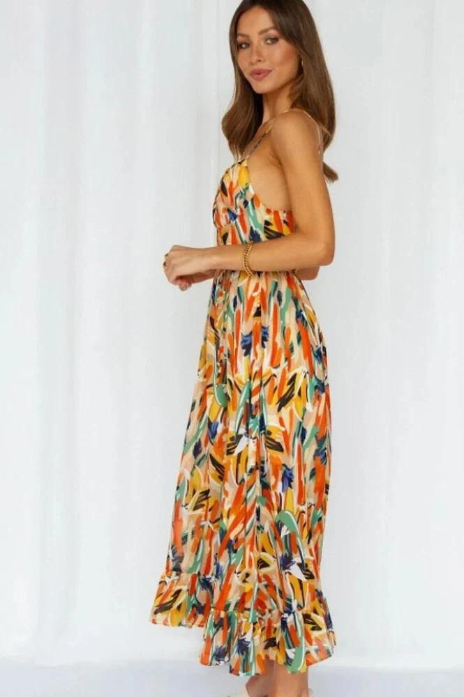 Women's Midi Sundress - Flowy A-Line Fit - Sweetheart Neck - Spaghetti Straps - Ruffled Hem