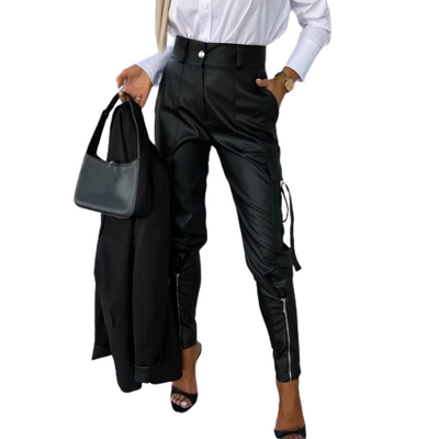 Women's High-Waisted Trousers - Faux Leather - Tapered Leg - Zippered Ankle Detail