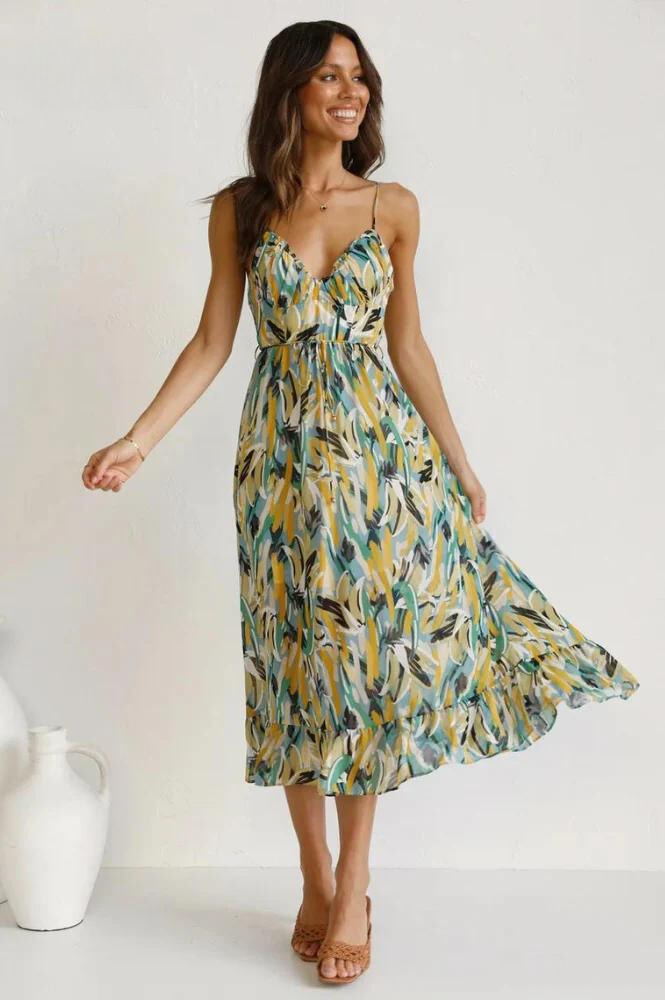 Women's Midi Sundress - Flowy A-Line Fit - Sweetheart Neck - Spaghetti Straps - Ruffled Hem