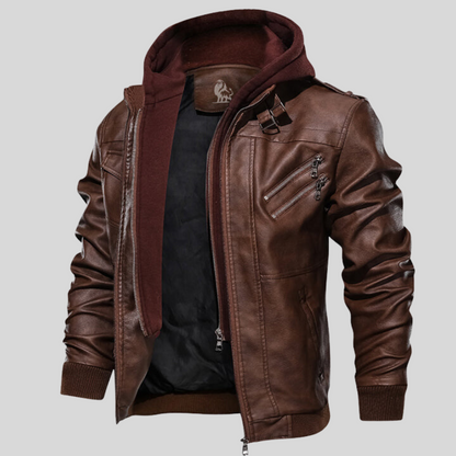 Men's casual leather jacket with detachable hood