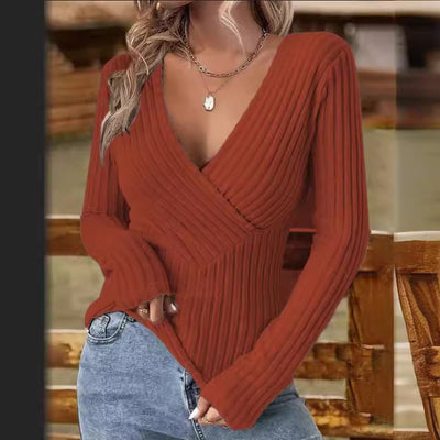 Women's Ribbed Wrap Sweater - V-Neck Crisscross Design - Long Sleeve Form-Fitting Knit