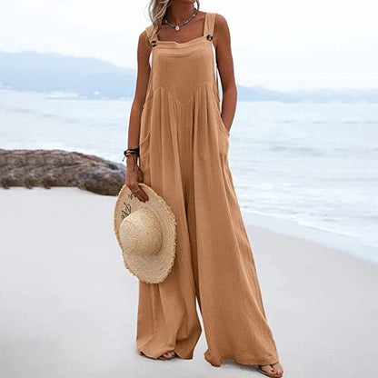 Women's Wide-Leg Jumpsuit - Sleeveless Loose Fit - Square Neck - Lightweight Cotton