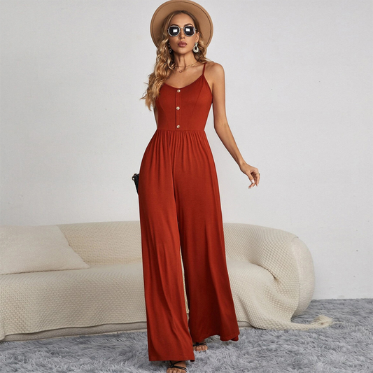 Women's Jumpsuit - Spaghetti Straps - Button Front - Fitted Bodice - Wide-Leg Trousers