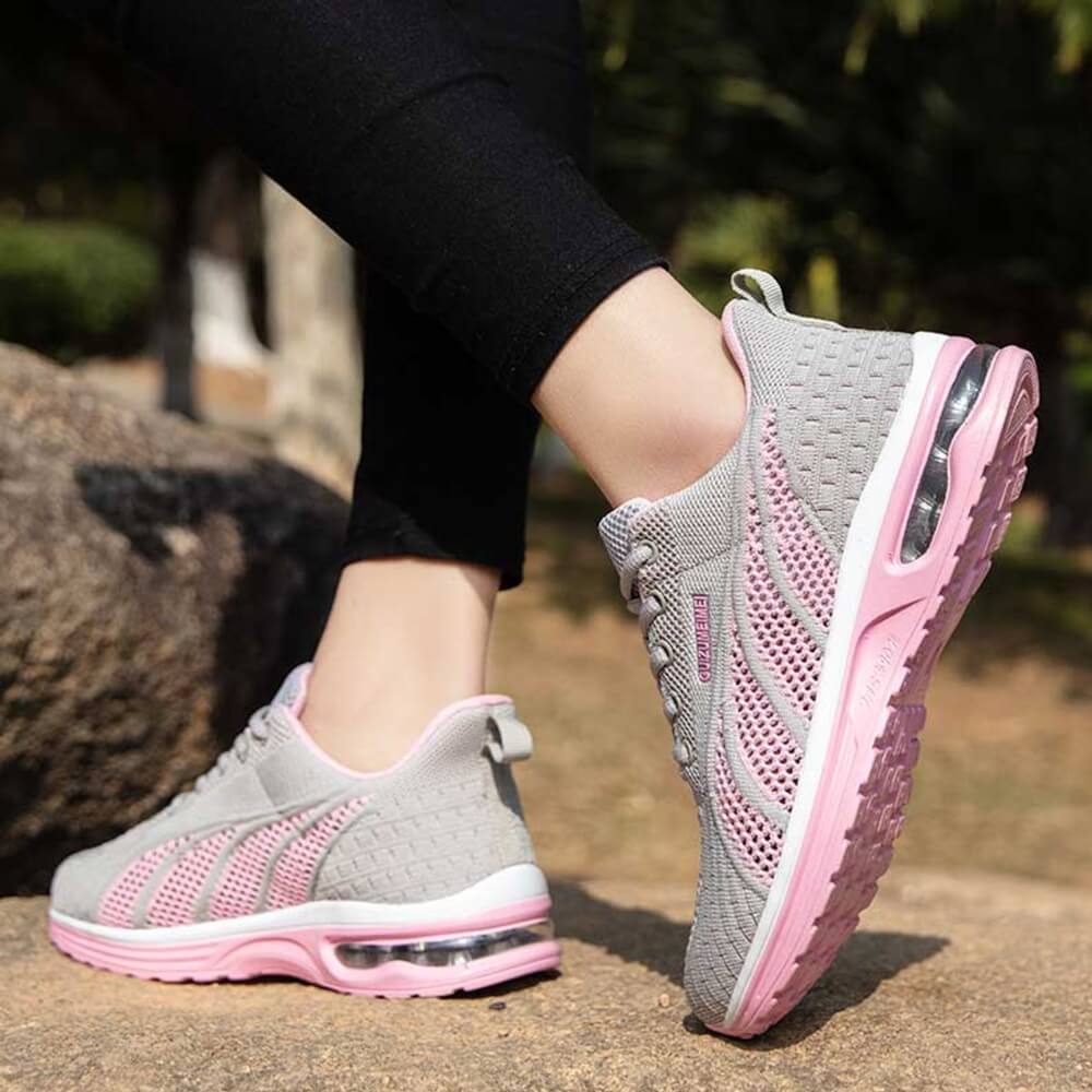 Women's Athletic Sneakers - Breathable Mesh - Air Cushion Support - Lace-Up Casual Wear