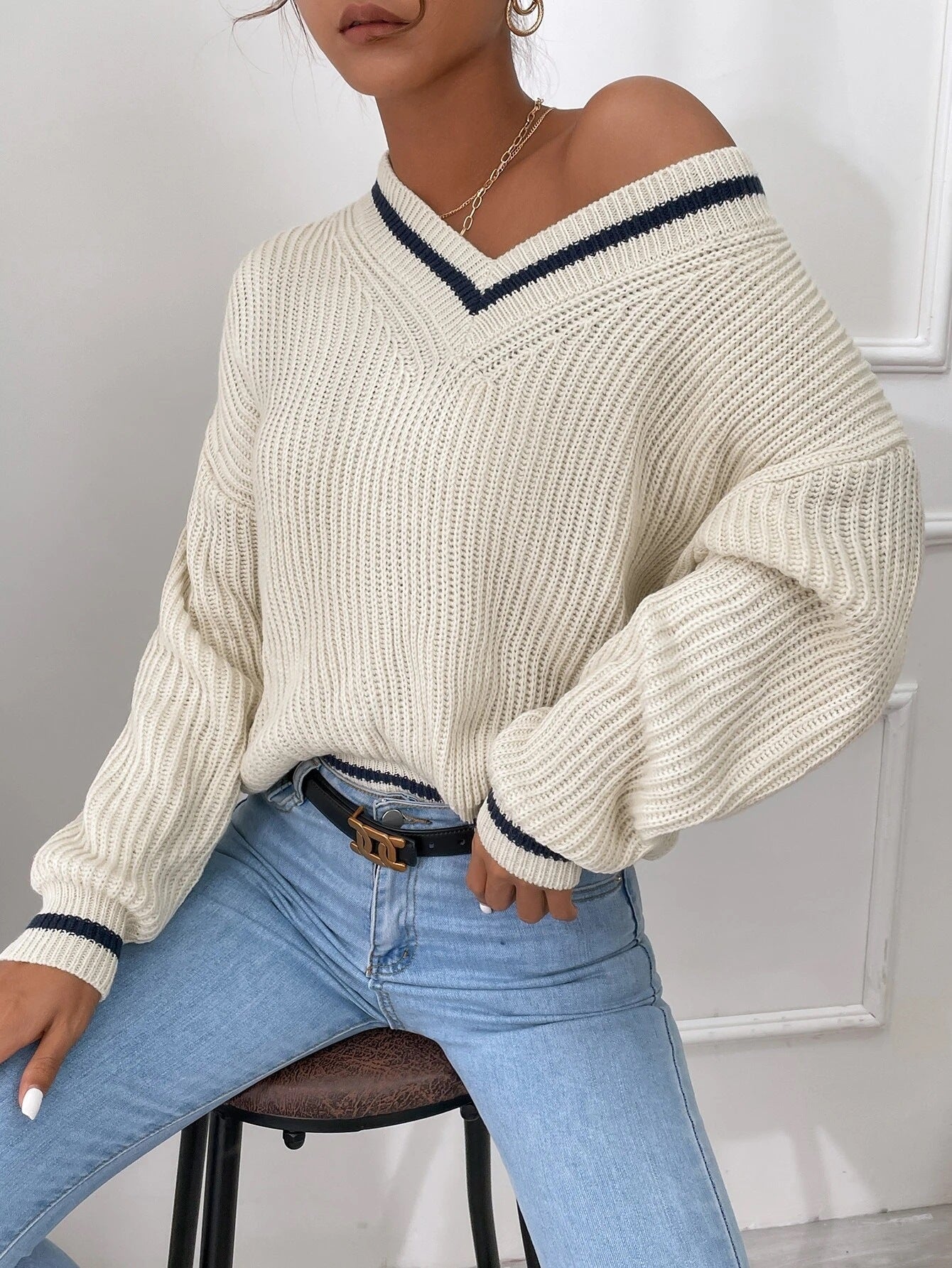 Women's striped V-neck sweater