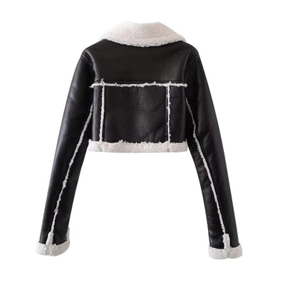 Women's Cropped Shearling Jacket - Leather Look - Oversized Collar - Zip Closure