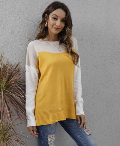 Women's Knit Sweater - Relaxed Fit - Long Sleeve - Round Neck - Colour Block Design