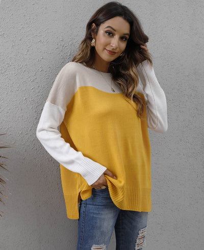 Women's Knit Sweater - Relaxed Fit - Long Sleeve - Round Neck - Colour Block Design