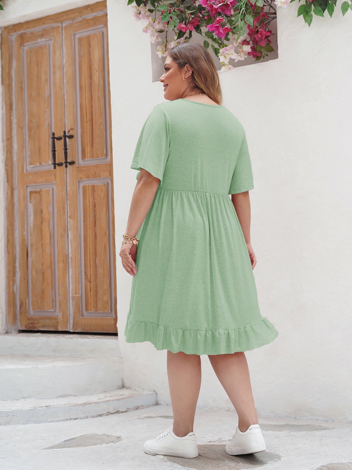 Women's A-Line Dress - Lace Embroidery - Short Flutter Sleeve - Ruffle Hem Casual Wear