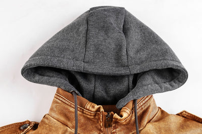 Men’s Faux Leather Jacket - Zip-Up with Hood - Ribbed Cuffs - Chest Pocket Detail