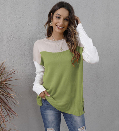 Women's Knit Sweater - Relaxed Fit - Long Sleeve - Round Neck - Colour Block Design