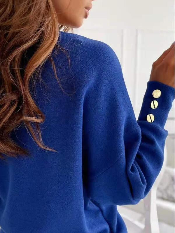 Women's V-Neck Sweater - Knitted Fabric - Long Sleeves with Button Detail - Relaxed Fit
