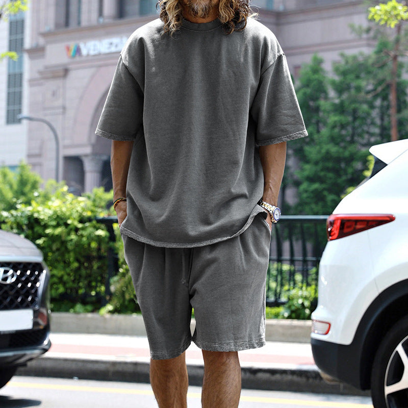 Men's Oversized Loungewear Set - Short Sleeve T-Shirt & Drawstring Shorts - Relaxed Fit