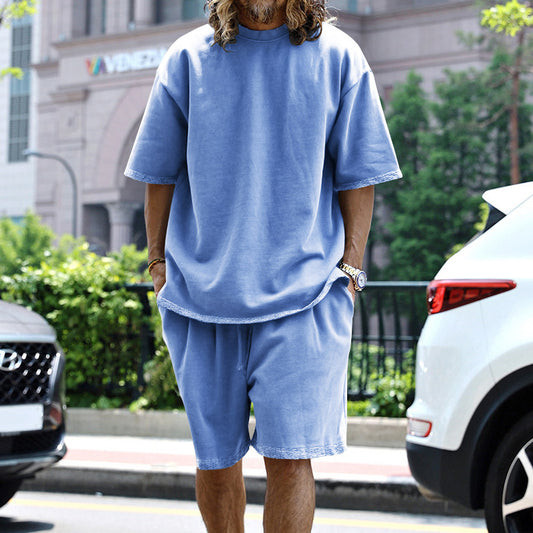 Men's Oversized Loungewear Set - Short Sleeve T-Shirt & Drawstring Shorts - Relaxed Fit