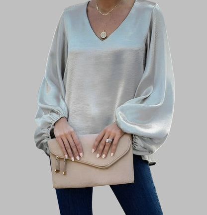 Women's satin blouse with v-neck and lantern sleeves