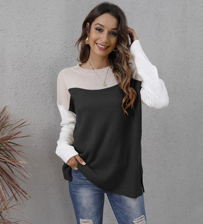 Women's Knit Sweater - Relaxed Fit - Long Sleeve - Round Neck - Colour Block Design