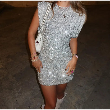 Women’s Mini Dress – Slim Fit – Sequin Fabric – Sleeveless – Structured Shoulders