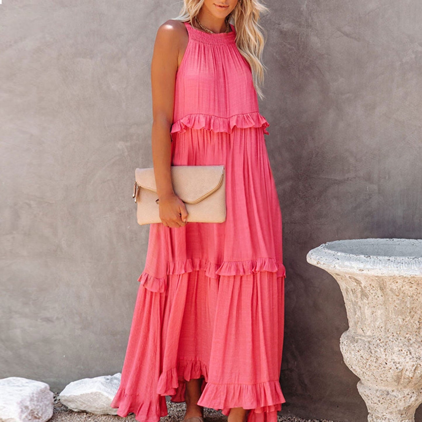 Women's Maxi Dress - Sleeveless High-Low Hem - Ruffled Layers - Flowy & Breathable