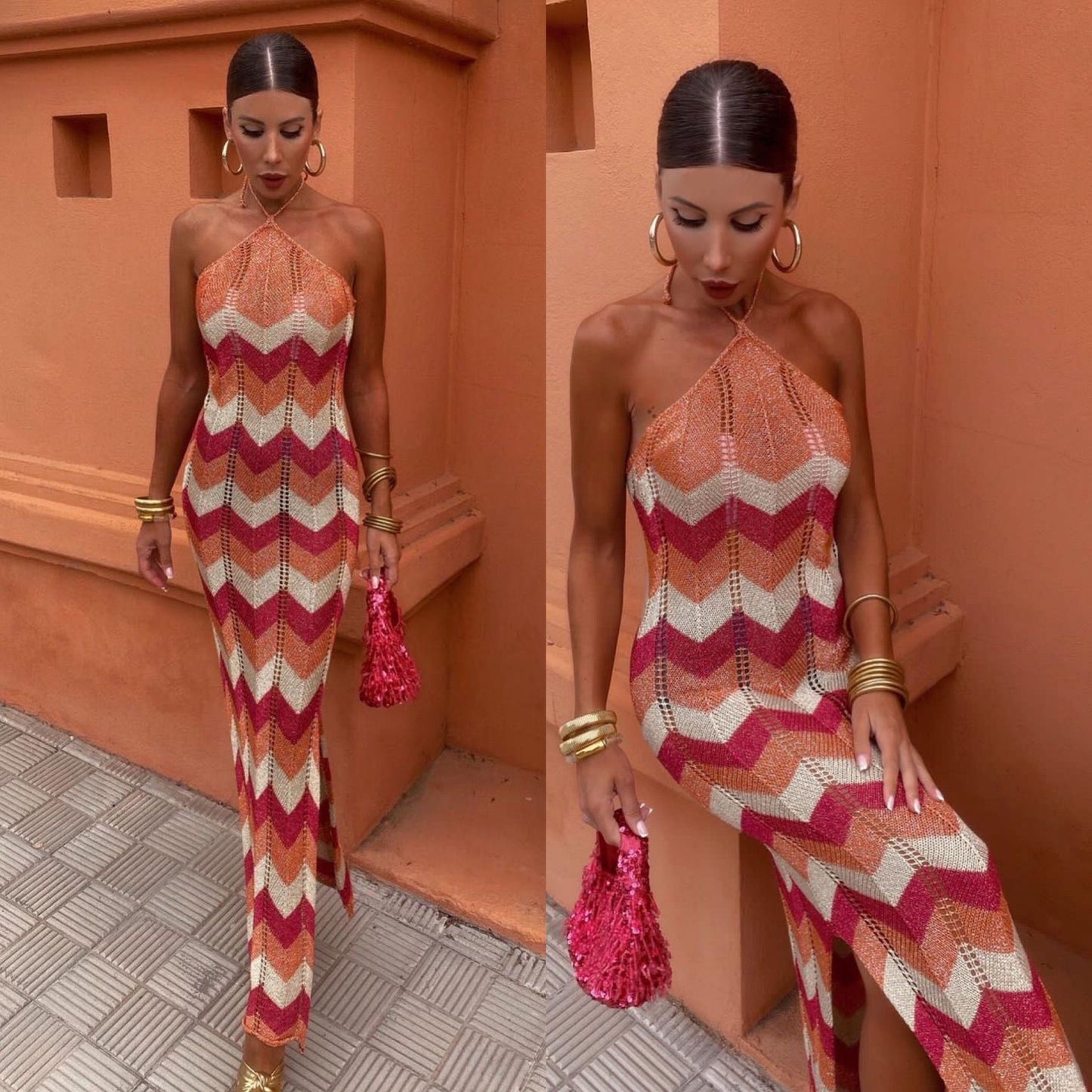 Women's Halter-Neck Maxi Dress - Zigzag Pattern - Sleeveless - High Slit Elegant Fit