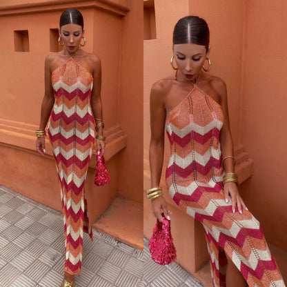 Women's Halter-Neck Maxi Dress - Zigzag Pattern - Sleeveless - High Slit Elegant Fit