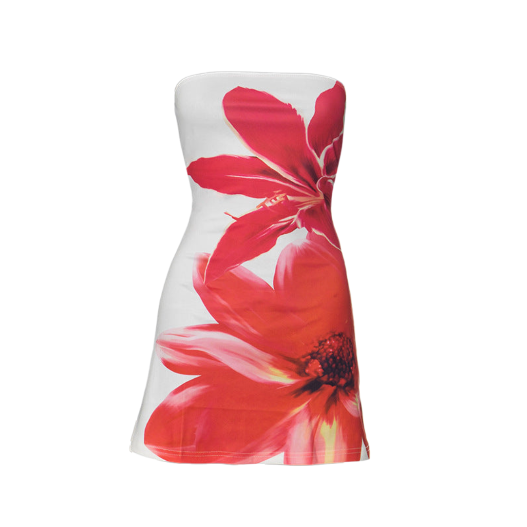 Women’s Strapless Mini Dress – Bodycon Fit – Floral Print – Stretch Party Wear