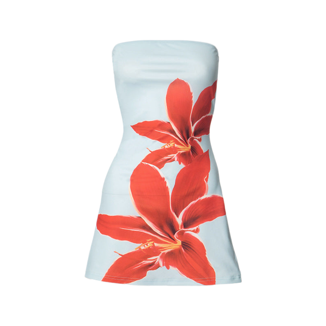 Women’s Strapless Mini Dress – Bodycon Fit – Floral Print – Stretch Party Wear