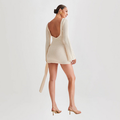 Women’s Mini Dress – Slim Fit Knit – Long Sleeve – Ruched Side with Adjustable Tie