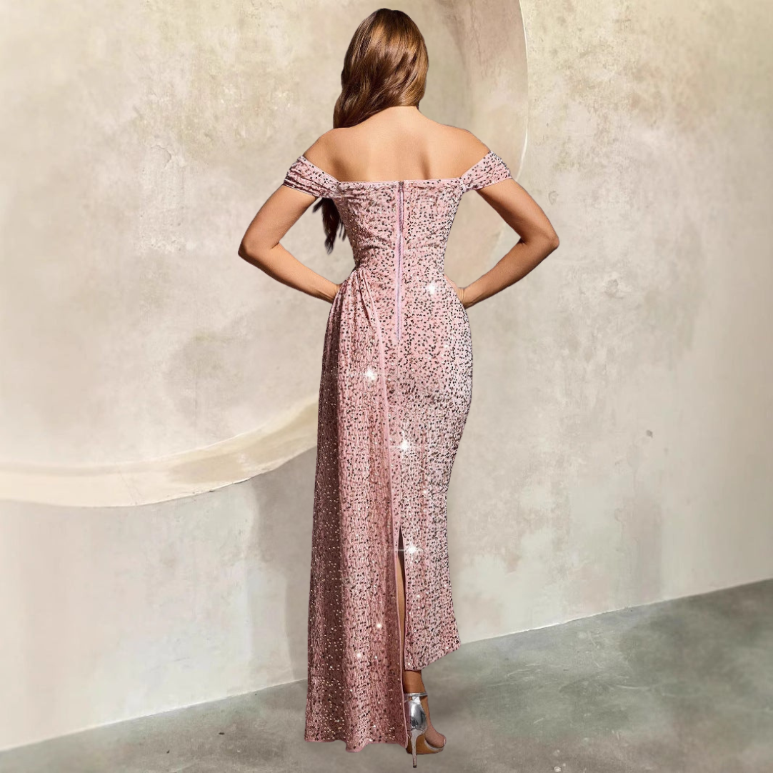 Women’s Evening Gown – Off-Shoulder – Fitted Silhouette – Full Length Sequin Dress