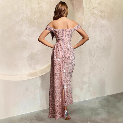 Women’s Evening Gown – Off-Shoulder – Fitted Silhouette – Full Length Sequin Dress