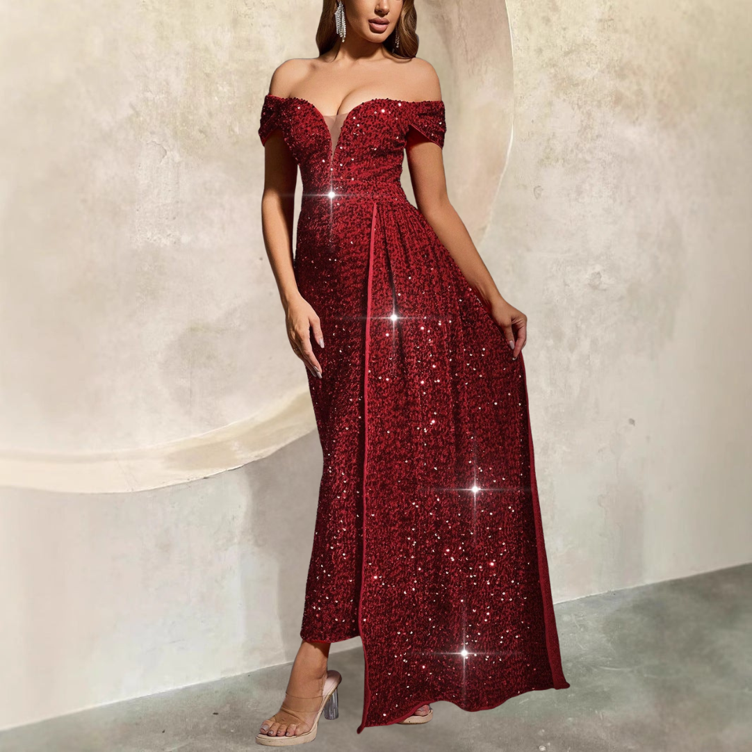 Women’s Evening Gown – Off-Shoulder – Fitted Silhouette – Full Length Sequin Dress