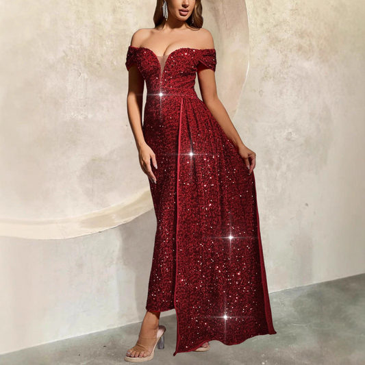 Women’s Evening Gown – Off-Shoulder – Fitted Silhouette – Full Length Sequin Dress
