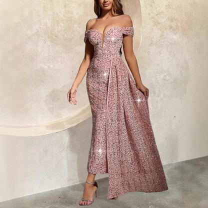 Women’s Evening Gown – Off-Shoulder – Fitted Silhouette – Full Length Sequin Dress