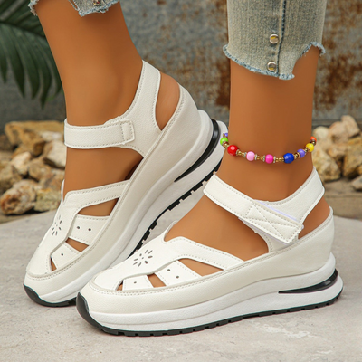 Women’s Sandals – Synthetic Leather – Cut-Out Design – Velcro Strap – Platform Sole