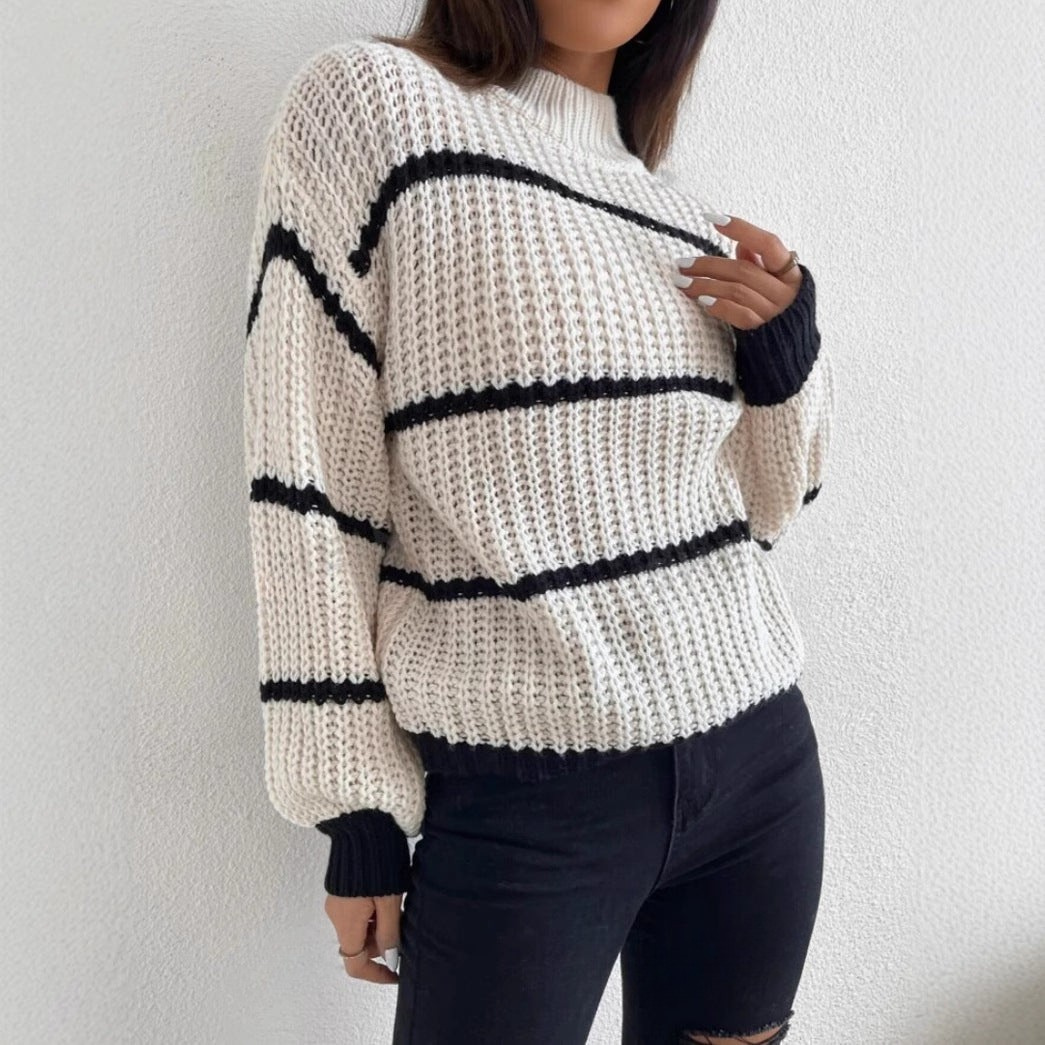 Women’s Knit Sweater – Relaxed Fit – Crew Neck – Textured Stripes – Long Sleeve